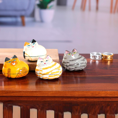 Papier mache cat box, Set of 4 ,Handmade Easter Decoration, handmade cat box, paper mache box, paper mache trinket box, hand painted papier mache box
